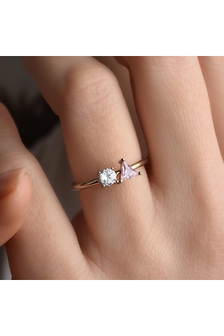 14 Ayar Altın Kaplama Kişiselleştirilebilir Üçgen Ve Yuvarlak Taşlı Yüzük - Rs00107 Altın