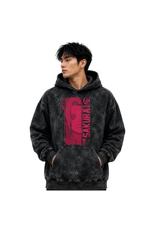 Sevbano Sakura Haruno Naruto Anime Baskılı Unisex Oversize Yıkamalı Premi Siyah