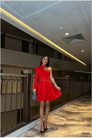 Euro Class Kadın Trend Model Bisiklet Yaka Kemerli Mini Uzun Kollu Abiye Elbise Mavi