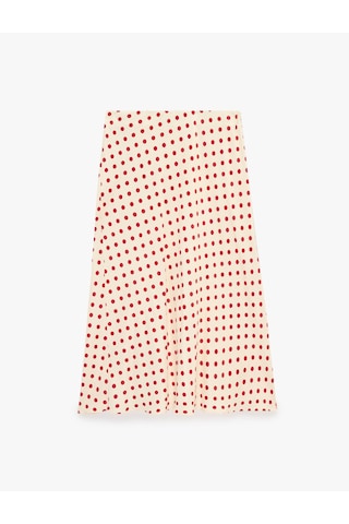 Koton Slim Fit Viskon Puantiye Desenli Balık Kesim Saten Midi Etek Kırmızı Desenli 7wak70064pw