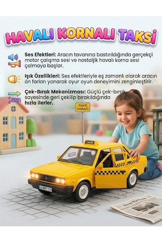 Nostaljik Havalı Kornalı Oyuncak Taksi - Sesli Ve Işıklı Çek-bırak Taksi Sarı Oyuncak Araba