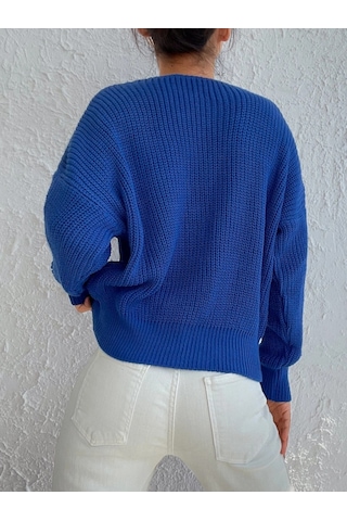 Defymoda Kadın Uzun Kollu Düğme Detay Triko Hırka Saks Mavi