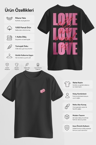 Spoyi Love Mood Tasarımlı %100 Pamuk Yarım Oversize Siyah T-shirt