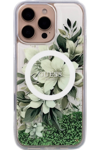 Apple iPhone 16 Pro Max Uyumlu Kılıf Guess Lisanslı Magsafe Özellik Sıvılı Simli Çiçek Desen Yeşil