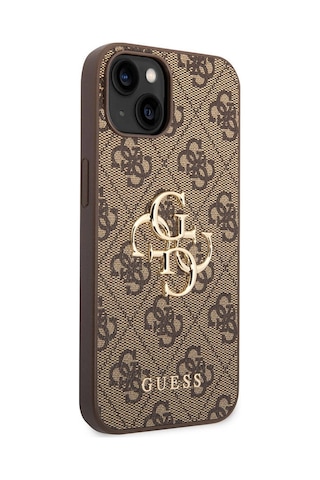 Apple Uyumlu iPhone 15 Kılıf Guess Lisanslı Pu Deri Yazı Ve 4g Metal Logolu Desen Kapak Kahverengi
