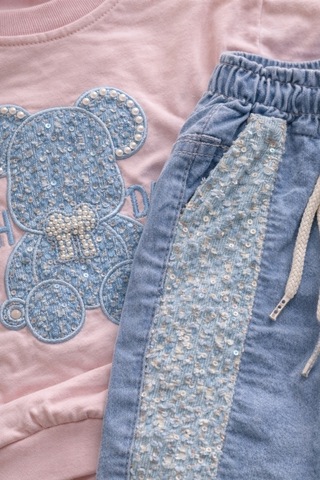 Uğur Bebe Pembe Pullu Esnek Sweatshirt Ve Geniş Paça Kot Pantolon Kız Çocuk Bayramlık Takım Pembe Mavi Pembe Mavi