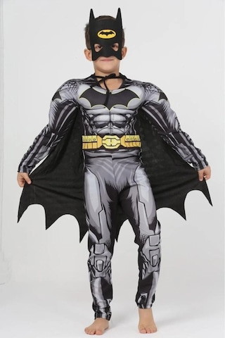 Life For Moda Erkek Çocuk Batman Pelerinli Ve Maskeli Kaslı Çocuk Kostümü Siyah