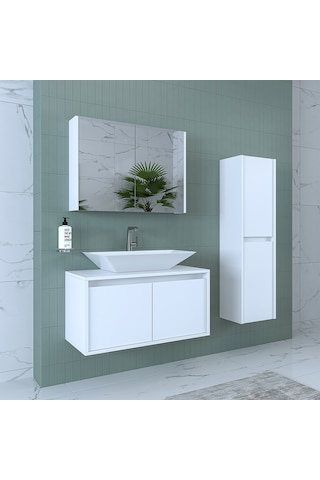 Banos Banyo Roomart Lavabolu Mat Beyaz Mdf 85 Cm Banyo Dolabı+Ayn Mat Beyaz