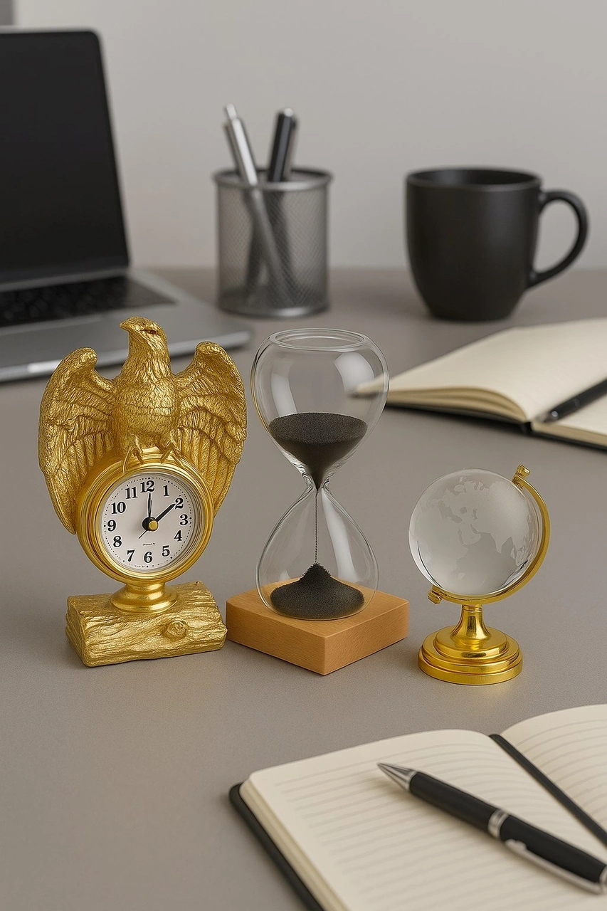 Koleksiyonluk İhtişamlı Altın Renkli Kartal Heykeli Masa Saati Cam Dünya Küre Ve Kum Saati Hediye Renkli