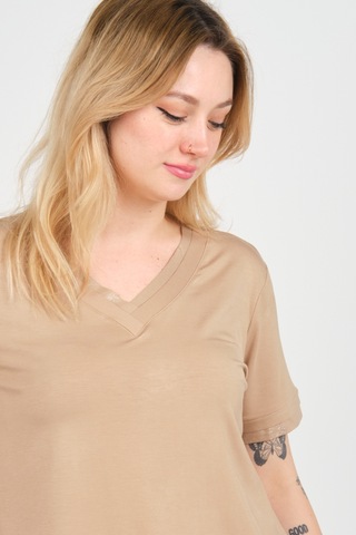 Ella Camelia Kadın Kısa Kollu V Yaka Sim Detaylı Bluz 24e032 Vizon Vizon