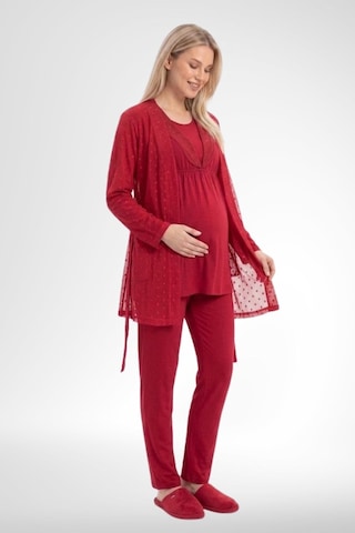 Mecit Pijama Mecit 6406 Kırmızı Dantel Sabahlıklı Lohusa Pijama Takımı