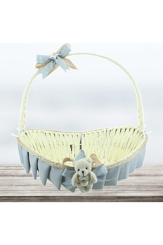 Saplı Oval Kumaş Süslü Sepet 36 Cm Orta Boy Gri
