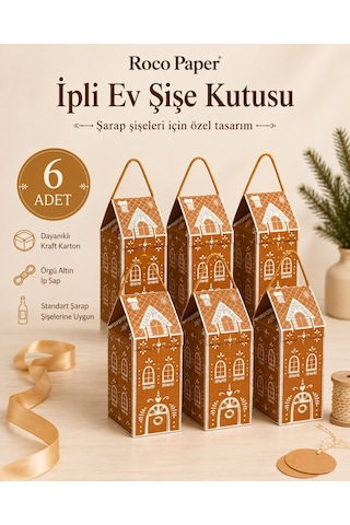 Yılbaşı Ev Tasarımlı Kraft Şişe Kutusu, Dekoratif Yeniyıl Temalı Parti Hediye Çantası, 6lı Paket