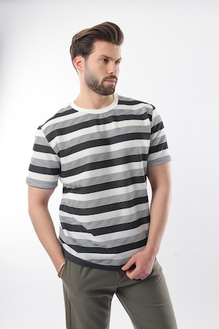 Madmext Siyah Bisiklet Yaka Çizgili Erkek T-shirt E7118 Siyah