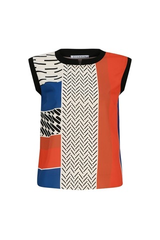 Kadın Desenli Blok Renkli Kolsuz Bluz Frn1108 Mavi