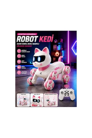 Uzaktan Kumandalı Led Işıklı Ses Efektli 360 Hareket Eden Oyuncak Akıllı Robot Kedi 23 Cm