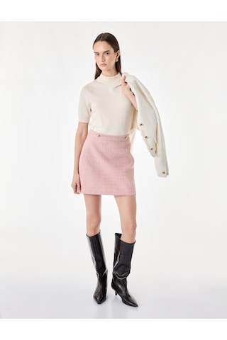 Koton Slim Fit Metal Aksesuarlı Düğmeli Yüksek Bel Tüvit Mini Etek Pembe 7wak70005uw Gül