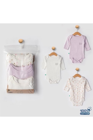 Babydonat 3'lü Naturel Çiçekli Bebek Badi Zıbın - Beyaz Lila %100 Pamuk Lila