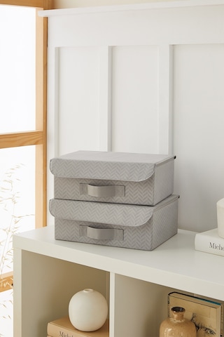 Ocean Home Textile 2'li Gri Balıksırtı Kapaklı Kutu Set 30 x 23 x 11 cm