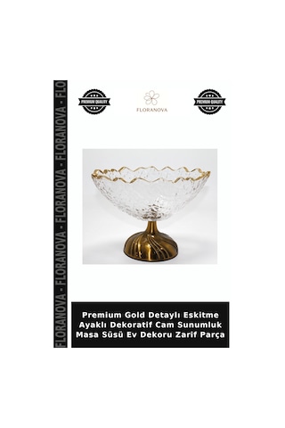 Premium Gold Detaylı Eskitme Ayaklı Dekoratif Cam Sunumluk Masa Süsü Ev Dekoru Zarif Parça