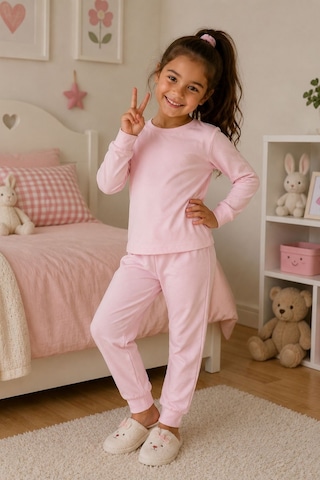 Zuzunga Soft Pink %100 Pamuk Basic Kız Çocuk Pijama Takımı Pembe