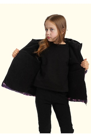 Kız Çocuk Pusula Desen Polar Su Ve Rüzgar Geçirmez Kapüşonlu Şişme Kışlık Mont Mor