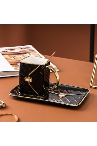 Özel Çanta Şeklinde Kahve Fincan Tabağı Ve Kaşık Seti Siyah Siyah