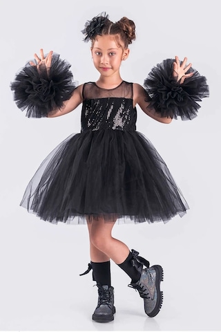 Kız Çocuk Abiye Elbise Ponpon Kol Pul Payetli Tütülü Siyah