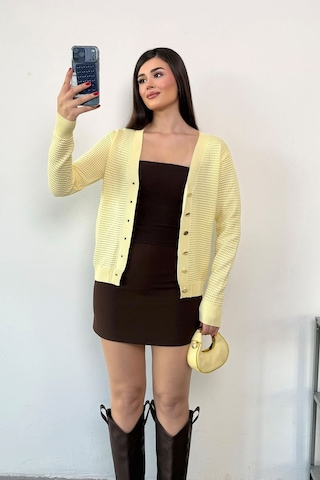 Giysa Kadın V Yaka Düğmeli File Hırka Sarı - 27k 3345