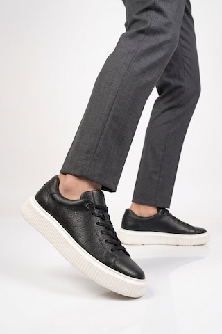 Komcero Kauçuk Tabanlı Bağcıklı Sneaker Siyah-beyaz Hakiki Deri Erkek Casual Ayakkabı Hz1458-2049