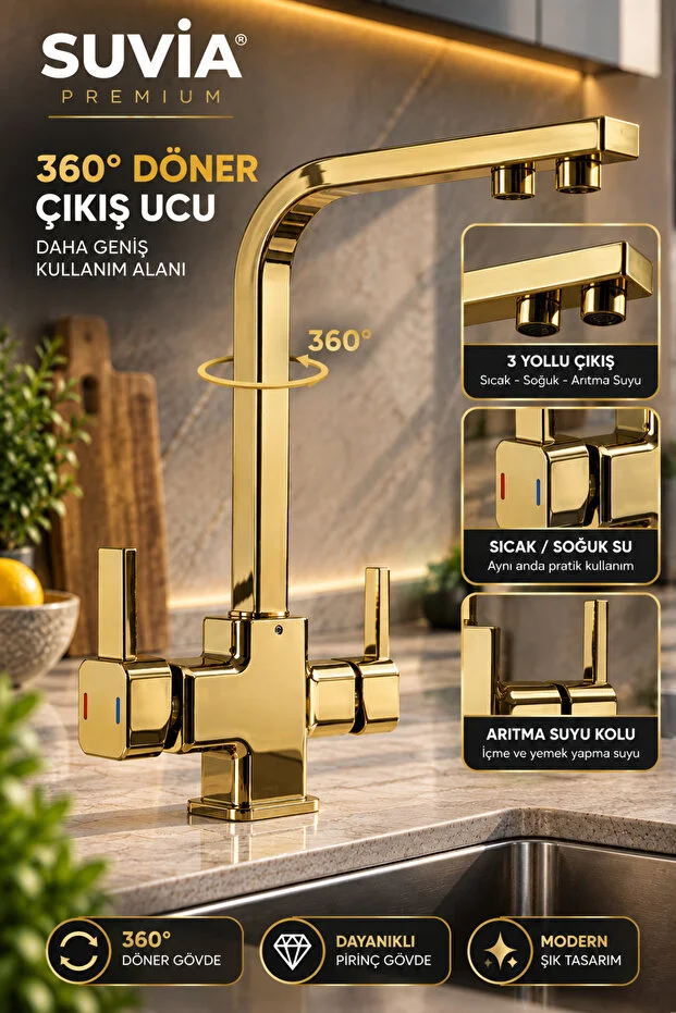 Mutfak Bataryası Gold 3 Yollu Arıtma Musluğu Sıcak Soğuk Su Ve Arıtma Suyu Çıkışlı Altın/gold