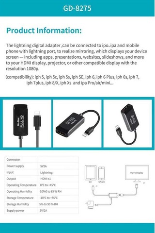 Go Des Gd-8275 Lightning Hdmı 2k Dönüştürücü Adaptör Lightning Av Kablo