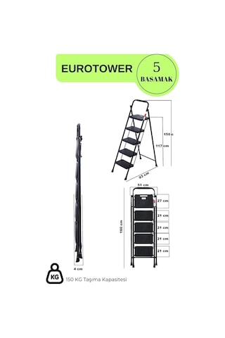 Eurotower 5 Basamak Özel Tasarım Geniş Basamaklı Siyah Merdiven 3+1