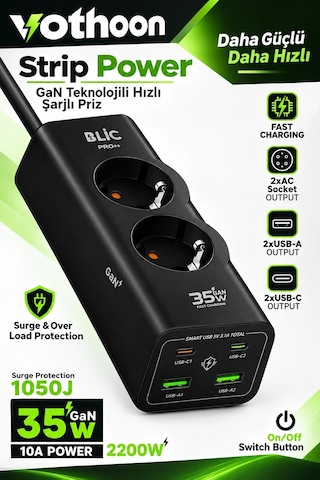 Akım Korumalı Priz 2 Ac Soket 2 Usb-a 2 Usb-c 35w Hızlı Şarj 1050j Koruma 2 Mt Kablo 2200w 1
