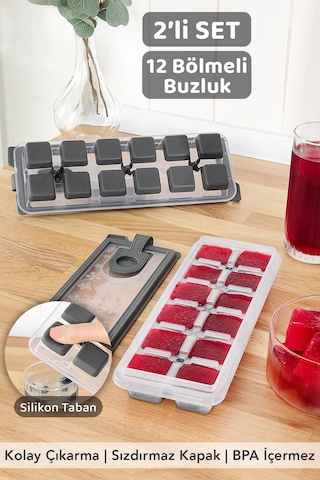 2 Adet Silikon Bas Çıkar Buzluk - 12 Hazneli Kapaklı Yapışmaz Silikon Kokteyl Sunum Buz Kalıbı Gri
