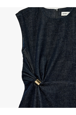 Koton Kolsuz Bisiklet Yaka Arkası Yırtmaçlı Metal Aksesuarlı Midi Denim Elbise Koyu İndigo 6sal80004md Indigo