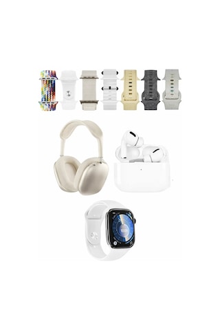 Mey İthalat K32 Kombo 7 Adet Kordon Akıllı Saat Apple Uyumlu AirPods Kulaklık Kafa Üstü Kablosuz Kulaklık Set - Beyaz