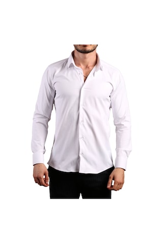 Beyaz Ekstra Dar Kesim Likralı Düğmeli Slim Fit Erkek Gömlek - 195-1 001