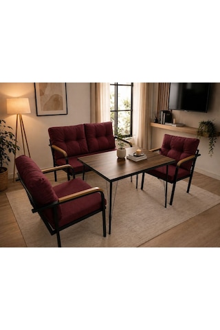 Loft Tarzı Düz Minderli Metal Oturma Grubu Kafe Balkon Konsept Koltuk Takımı Bordo Loft Tarzı Düz Minderli Metal Oturma Grubu Kafe Balkon Konsept Koltuk Takımı Bordo
