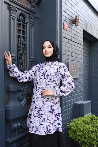 Kadın Mor Çiçek Desenli Pamuk Dokuma Kumaş Tunik Gömlek Etekli Takım Tk1412 Mor