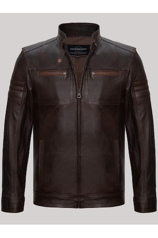 Hakiki Kuzu Derisi Kahverengi Koldan Düz Çizgili Fermuarlı Dört Cepli Erkek Deri Mont Kahverengi