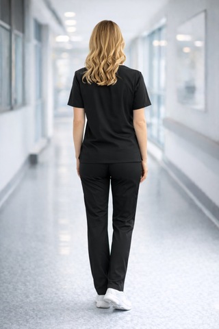 Likralı Hemşire Doktor Forması Premium Belinda Soft Kumaş Scrubs Hastane Üniforması Cerrahi Takım Siyah