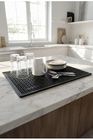 Zq Polimer 45x27 Cm Kauçuk Bar Mat, Bulaşık Kurutma Matı, Tencere Altlığı, Cam Kenarı Saksı Altlığı Siyah