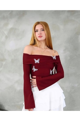Kelebek Detaylı Madonna Bluz Bordo