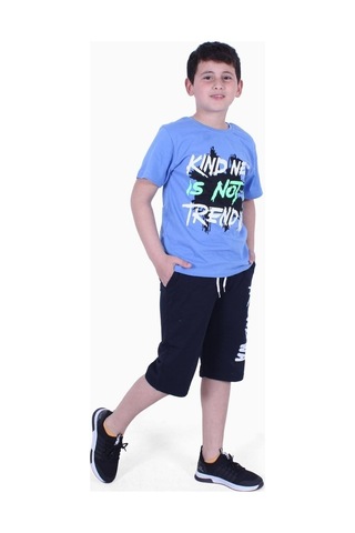 Fyk Kids Kind Nes-trend Wa Yazı Baskılı Erkek Çocuk Kapri Takım Mavi