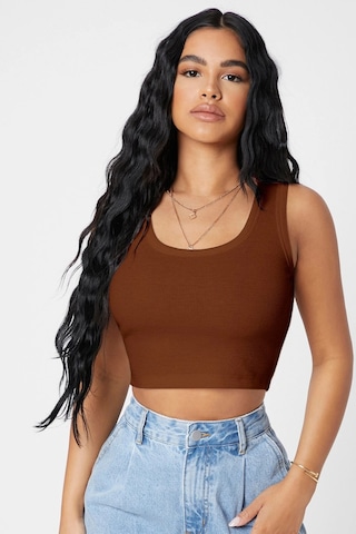 Angbutik Kadın Kahverengi Kare Yaka Crop Top Bluz