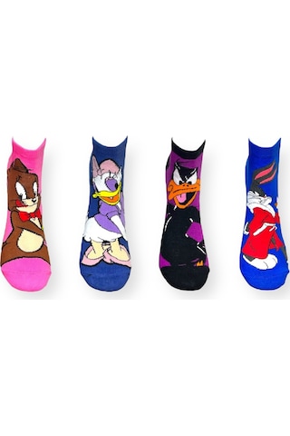 4'lü Unısex Çizgi Film Karakterli Esnek Nem Alabilen Pamuklu Spor Patik Çoraplar Çok Renkli