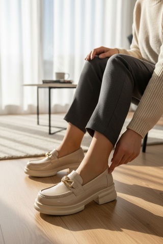 Enoch Kadın Füme Zincir Aksesuarlı Rugan Dokulu Comfort Taban Loafer Ten