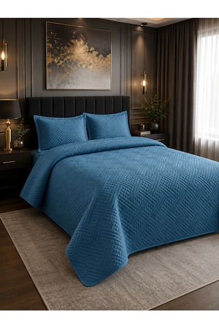 Kapreo Home Çift Kişilik Washed Yatak Örtüsü Seti 260x240 Cm Yumuşak Dokulu, Kapitoneli, Modern Geometrik Desenli Turkuaz