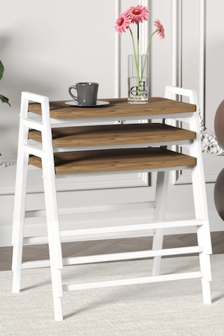 Zigon Sehpa , Aden 3'lü Tepsi Zigon Sehpa Takımı Beyaz Metal - Atlantik Çam Tabla Beyaz-atlantik Çam